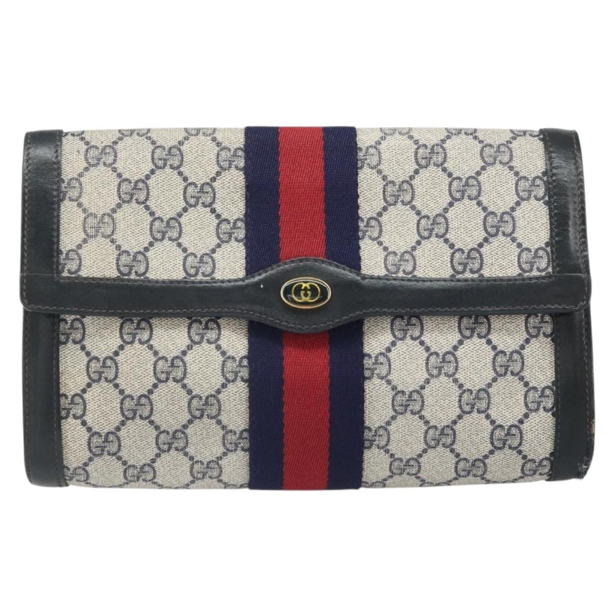 GUCCI GG Supreme Sherry Line Clutch Bag PVC Navy Gold 010 378 Auth BA10399
