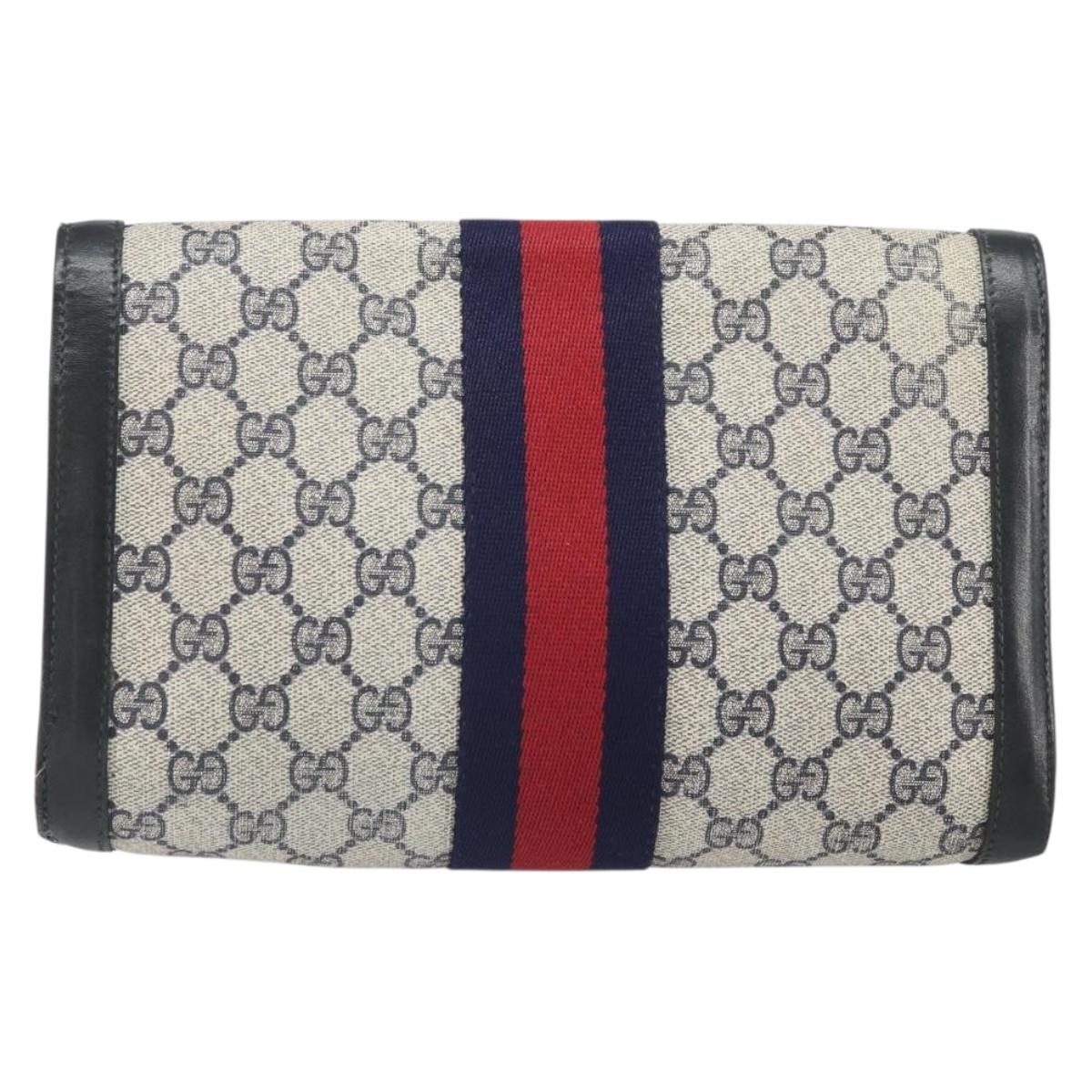 GUCCI GG Supreme Sherry Line Clutch Bag PVC Navy Gold 010 378 Auth BA10399
