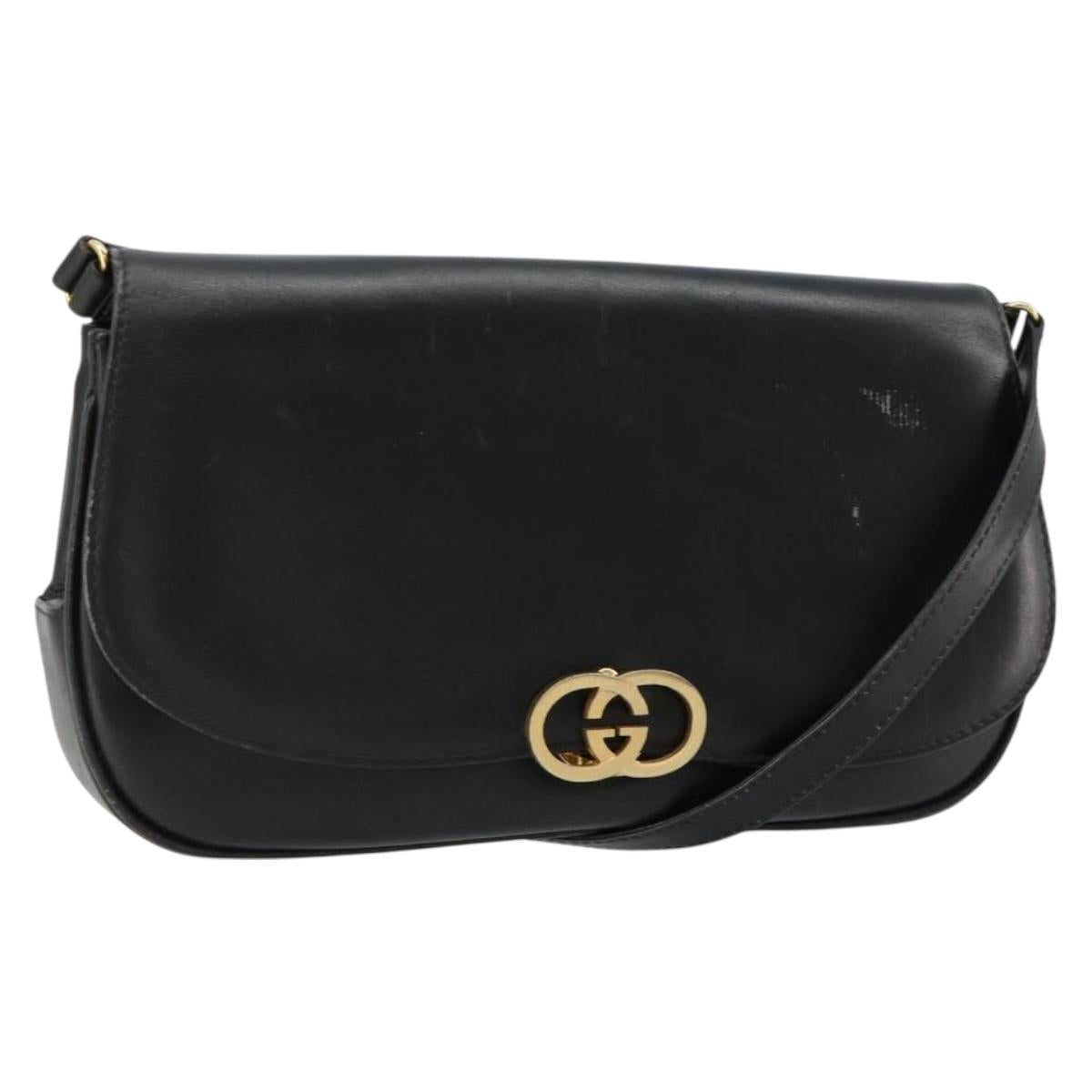 GUCCI Shoulder Bag Leather Gold Black Auth BA10403