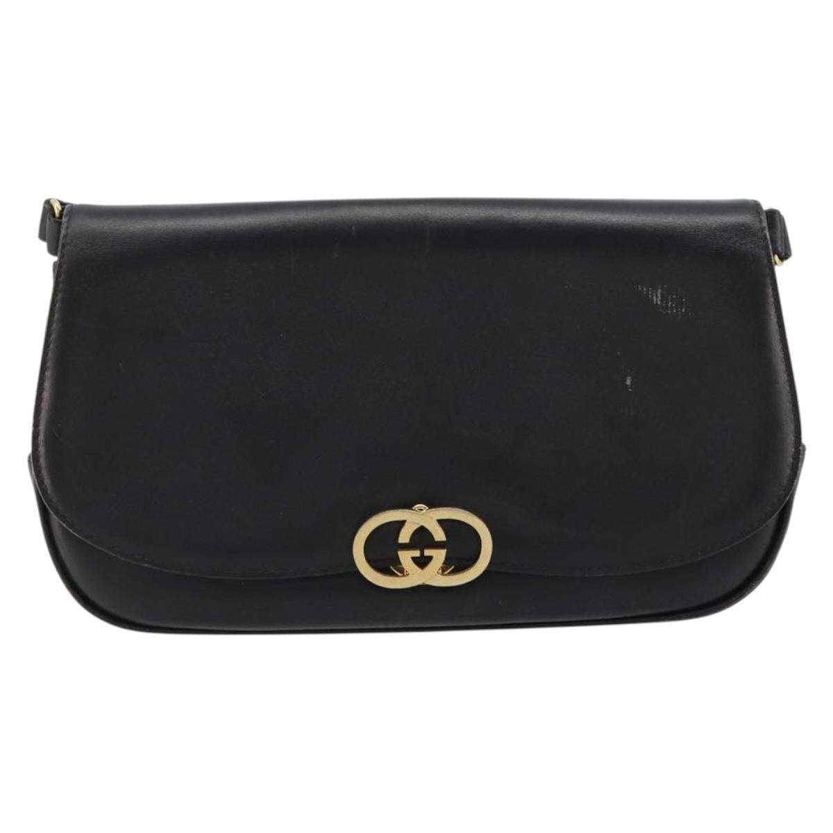 GUCCI Shoulder Bag Leather Gold Black Auth BA10403