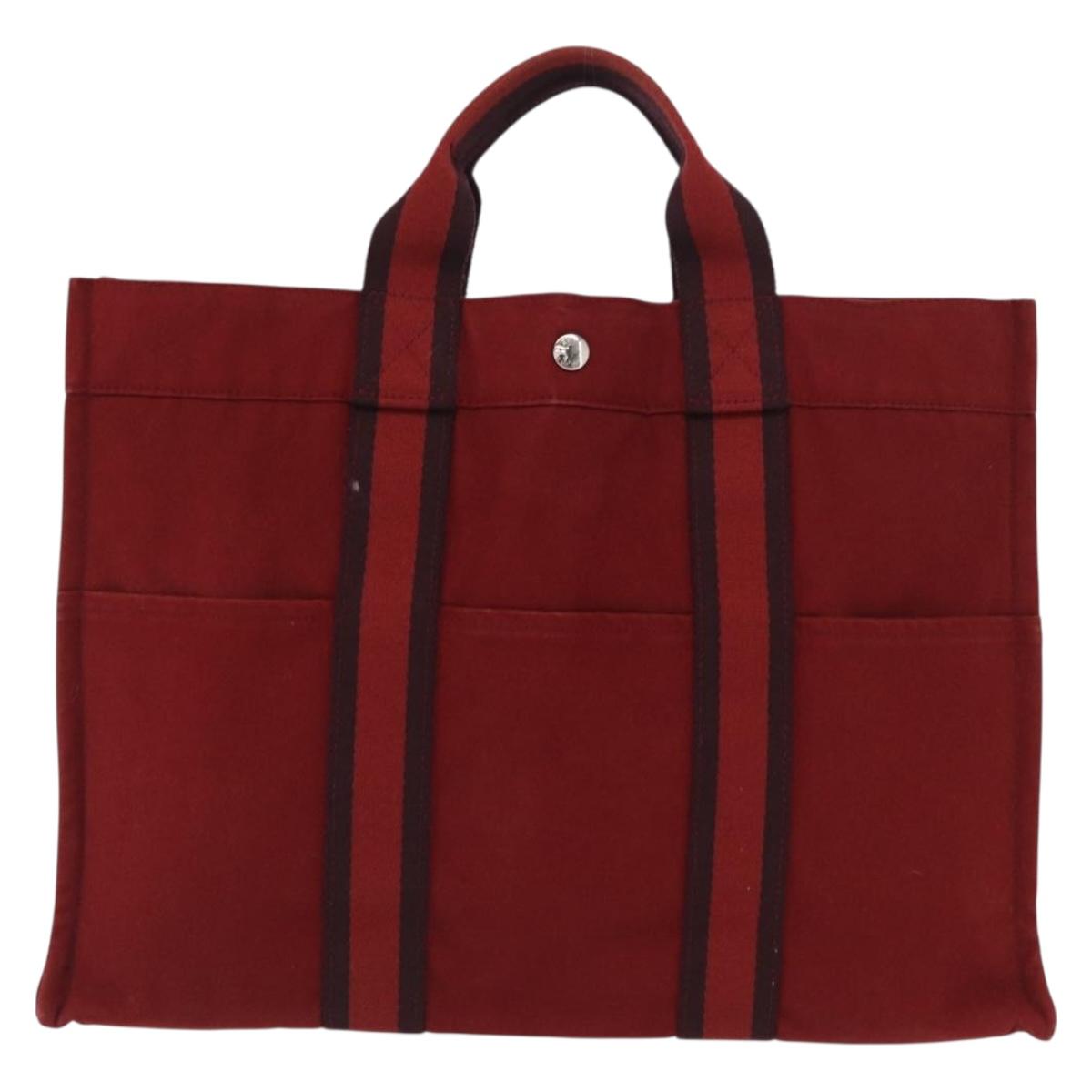 HERMES Fourre Tout MM Hand Bag Canvas Red Silver Auth BA10410
