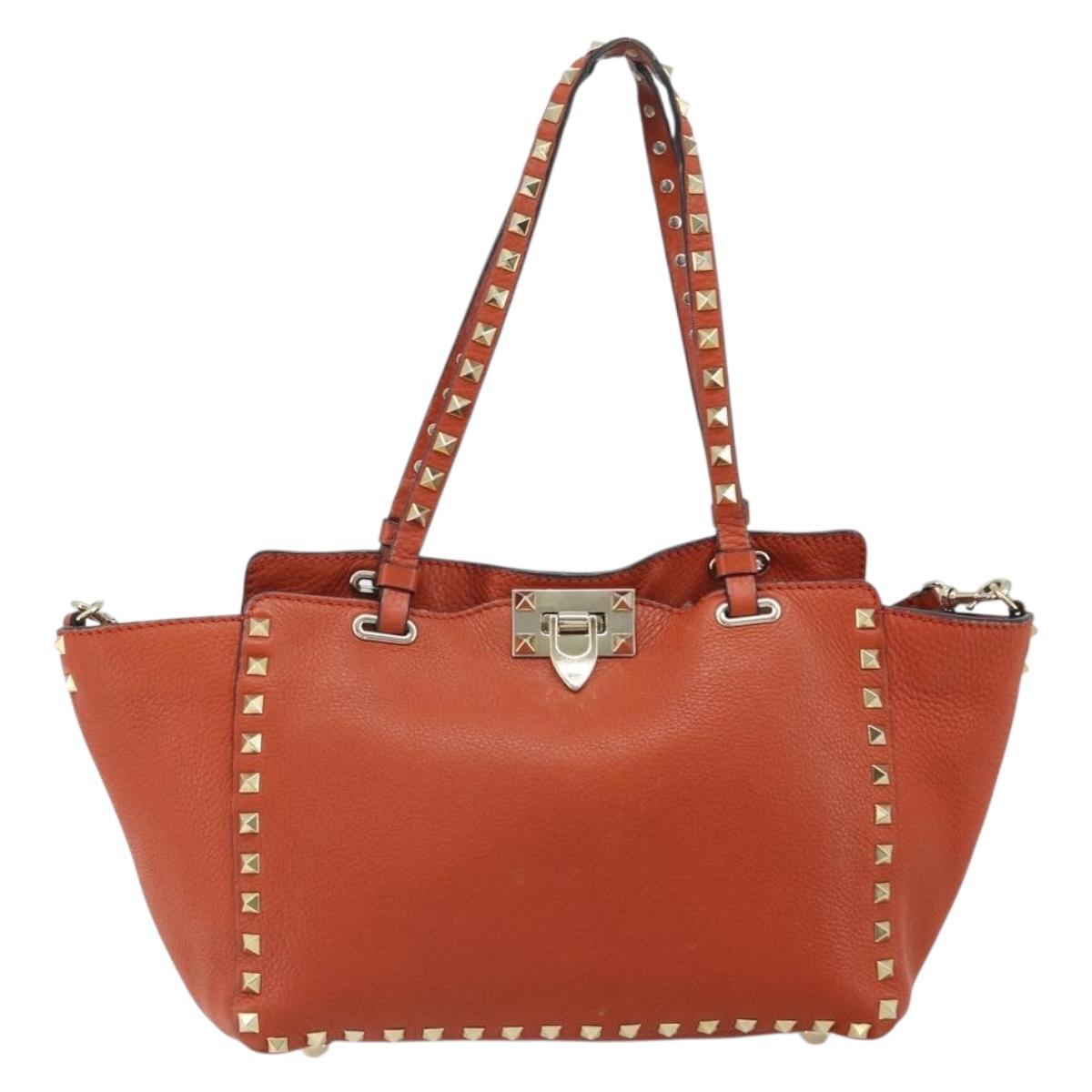 VALENTINO Tote Bag Leather 2way Orange Gold Auth BA10422