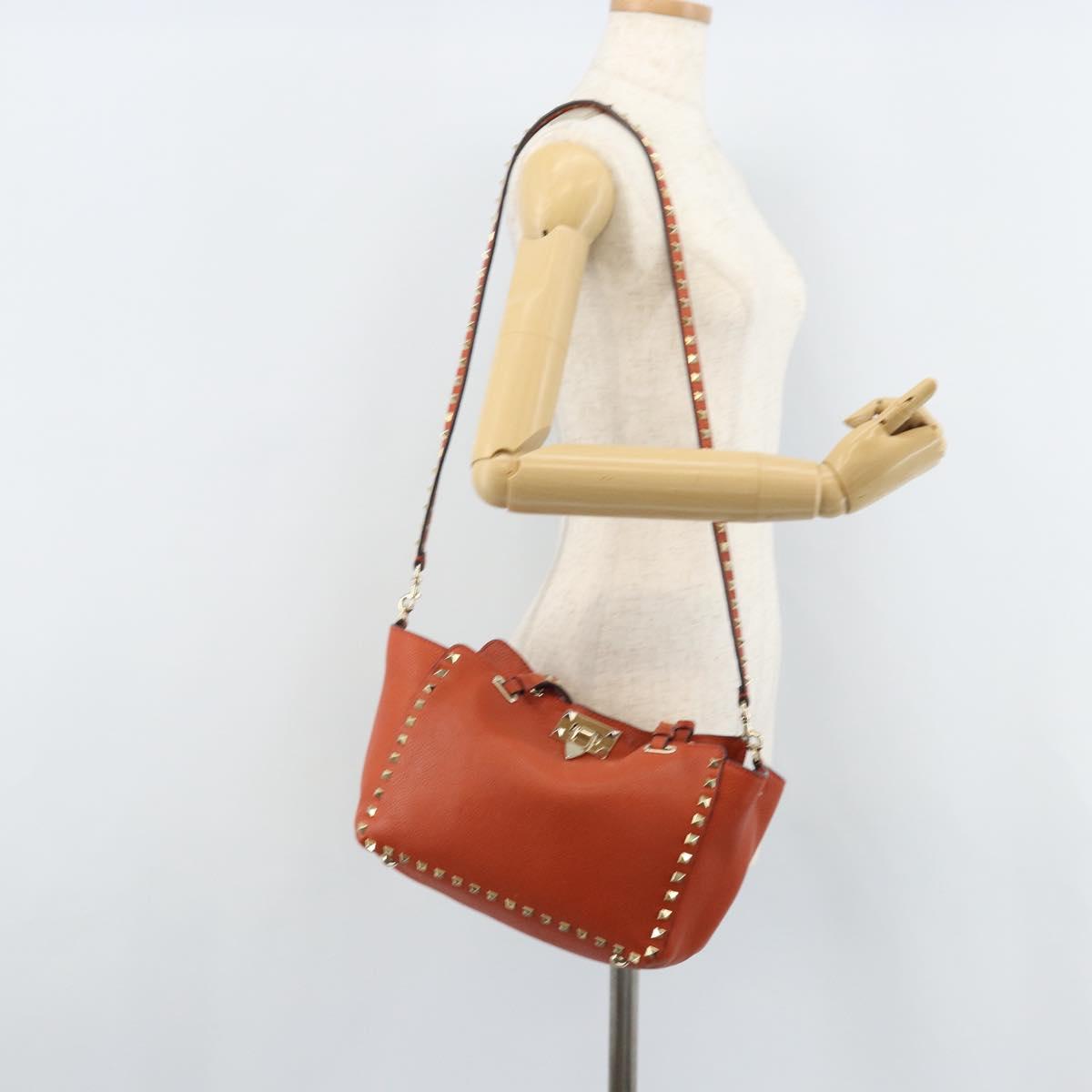 VALENTINO Tote Bag Leather 2way Orange Gold Auth BA10422