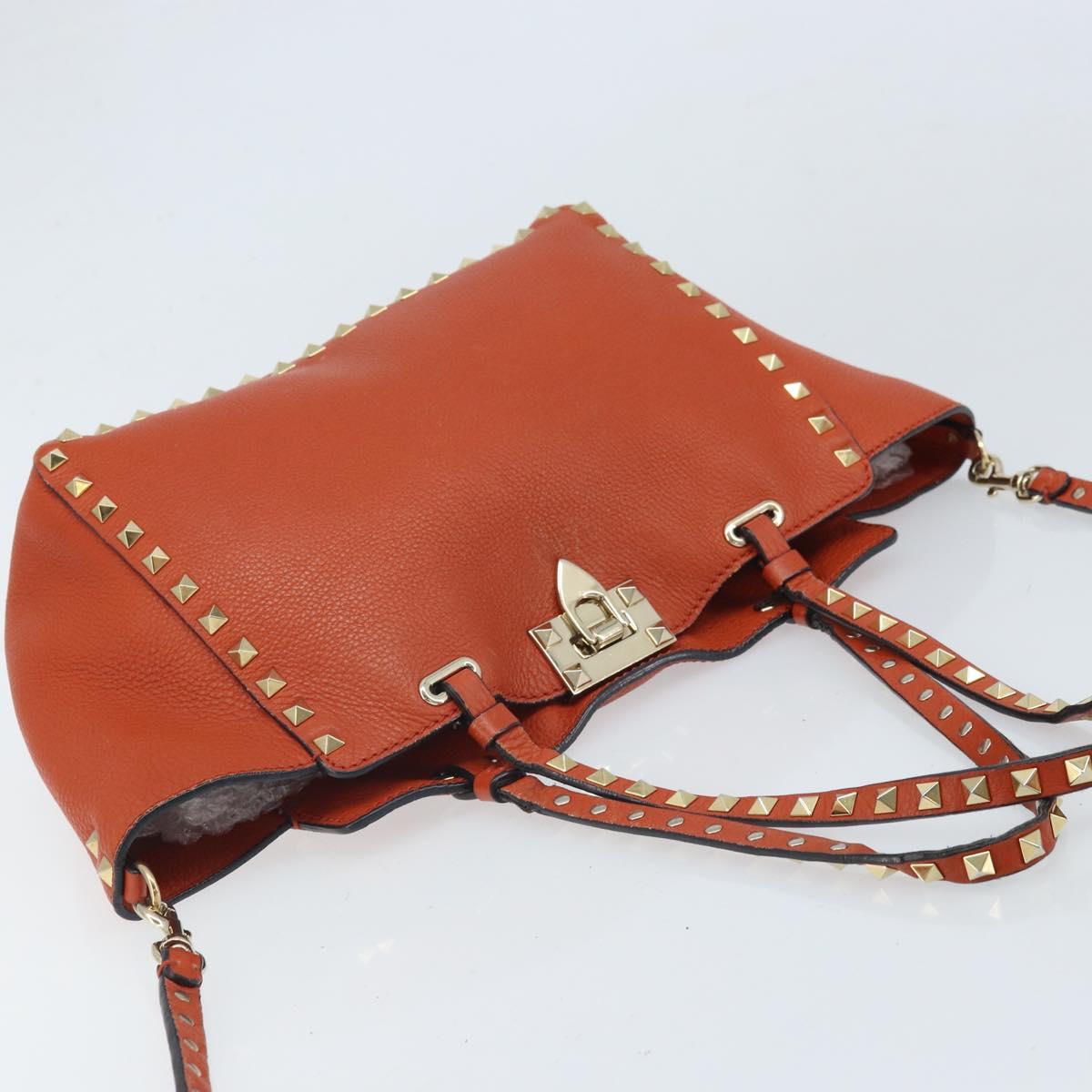 VALENTINO Tote Bag Leather 2way Orange Gold Auth BA10422