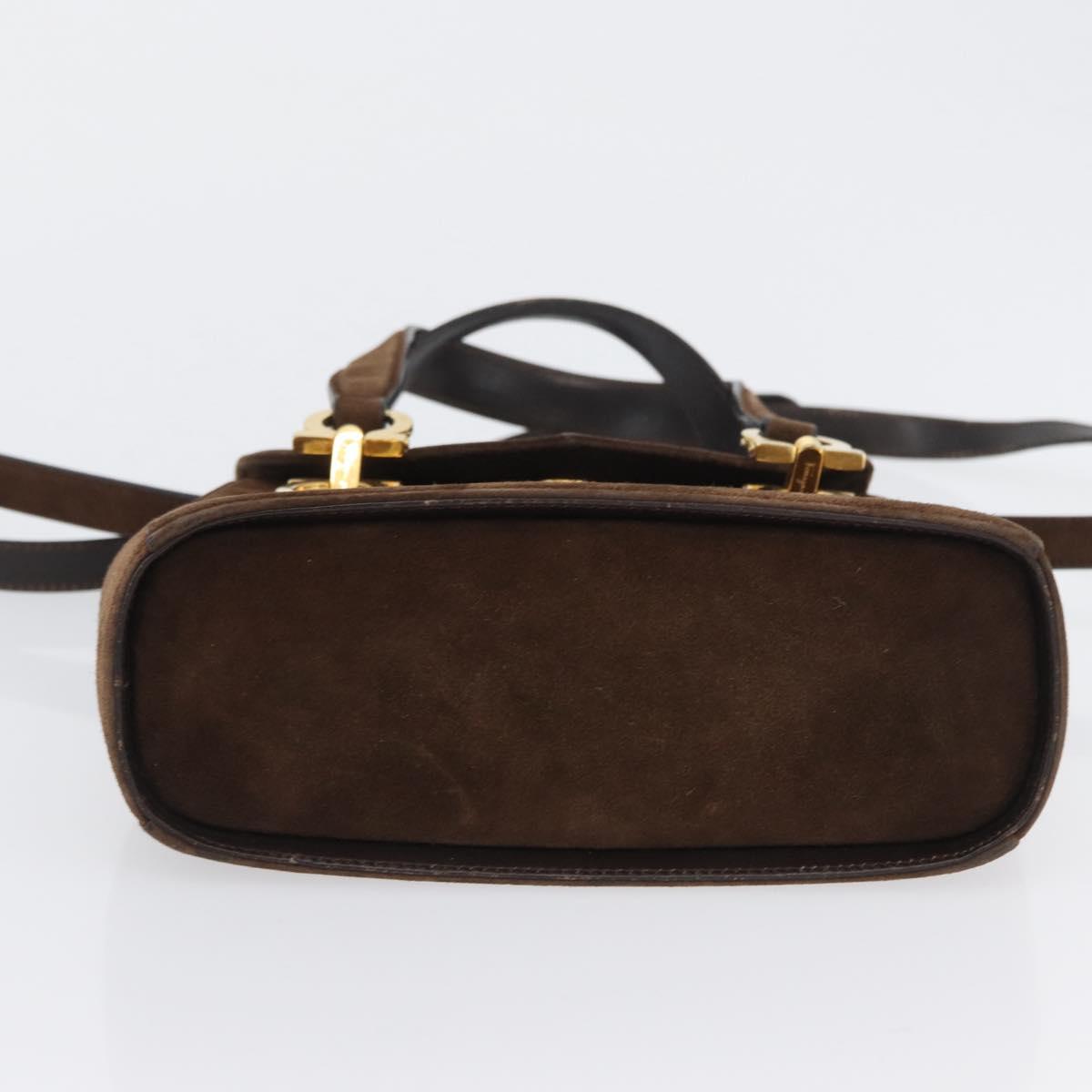 Salvatore Ferragamo Gancini Hand Bag Suede 2way Brown Gold Auth BA10426