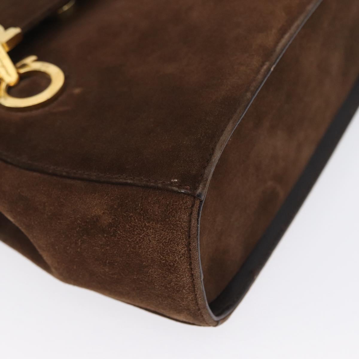 Salvatore Ferragamo Gancini Hand Bag Suede 2way Brown Gold Auth BA10426