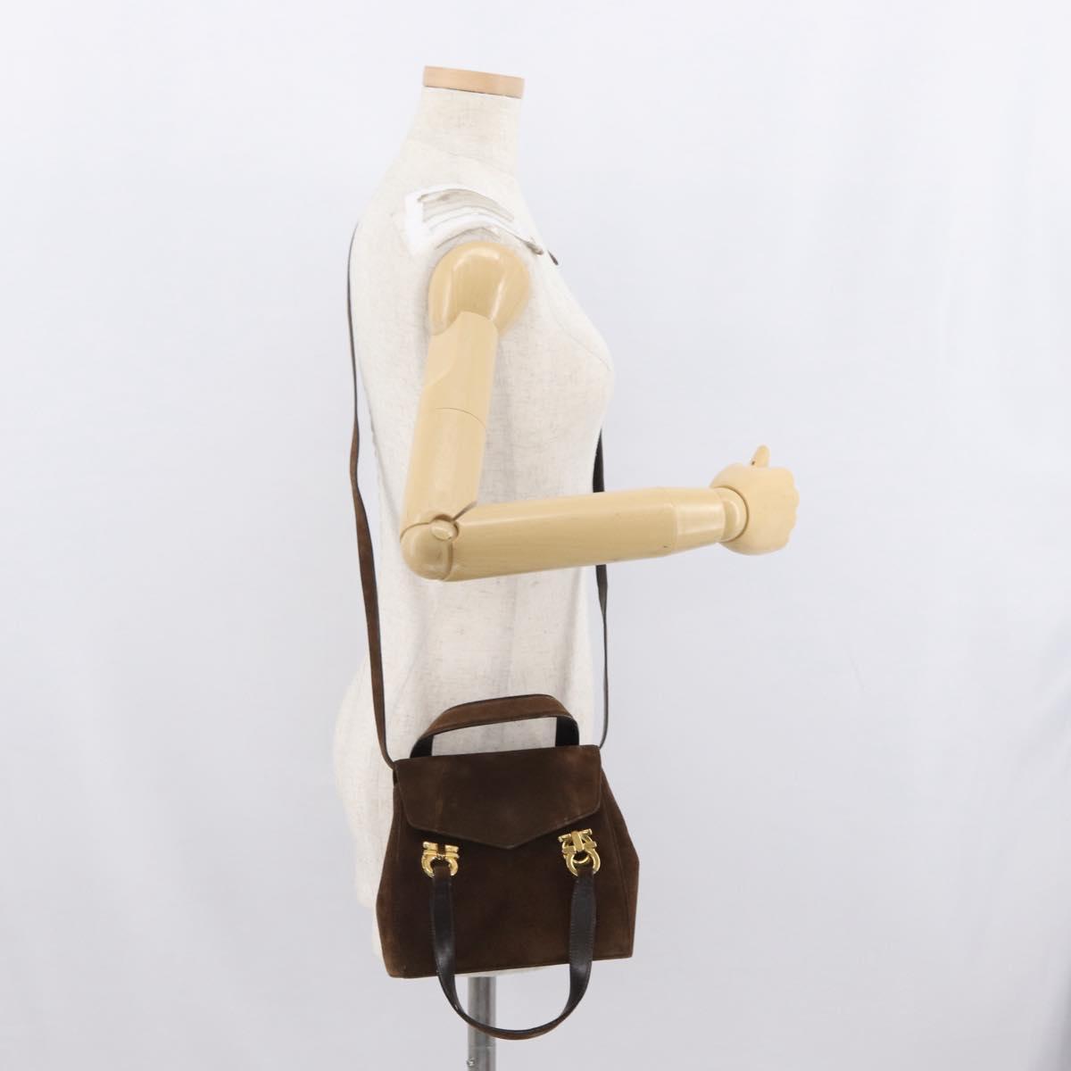 Salvatore Ferragamo Gancini Hand Bag Suede 2way Brown Gold Auth BA10426