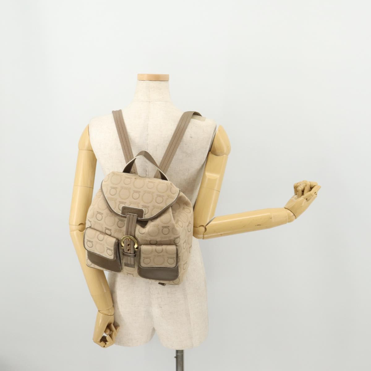 Salvatore Ferragamo Gancini Backpack Canvas Beige Gold Auth BA10432