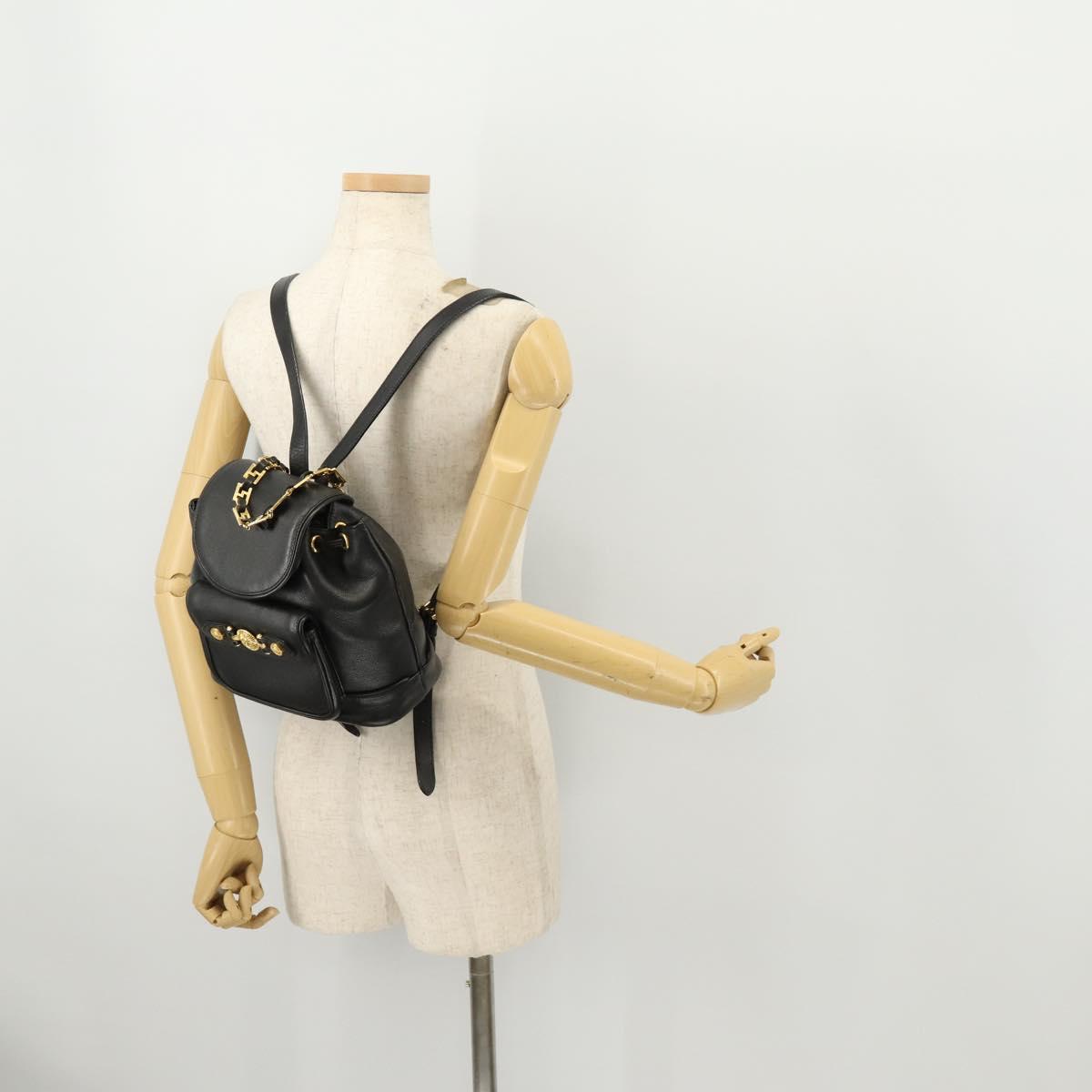 Gianni Versace Backpack Leather Black Gold Auth BA10433