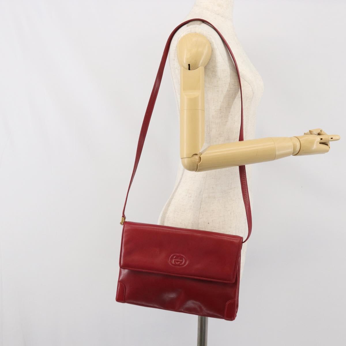GUCCI Shoulder Bag Leather Red Gold Auth BA10436