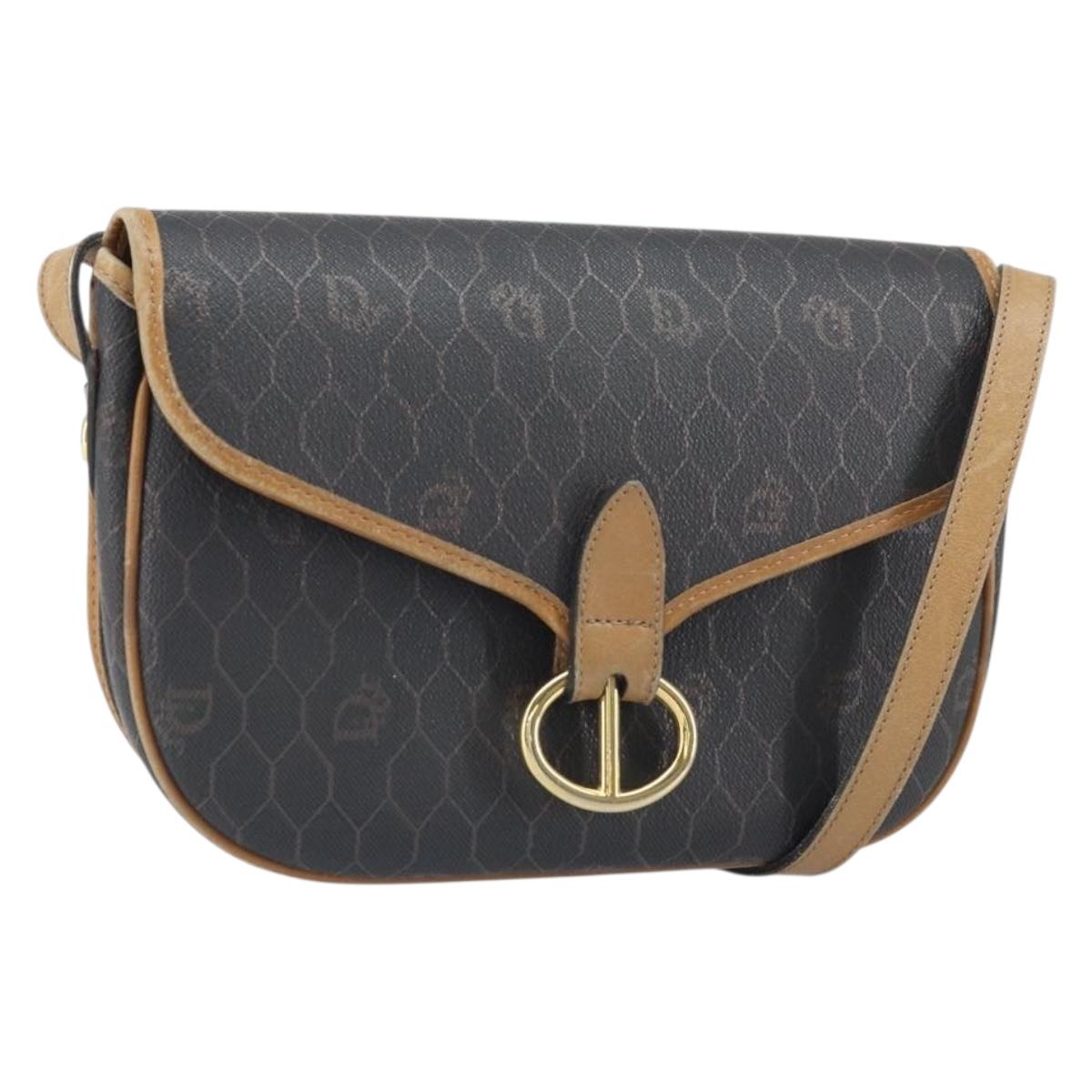 Christian Dior Honeycomb Canvas Shoulder Bag PVC Black Gold Auth BA10439