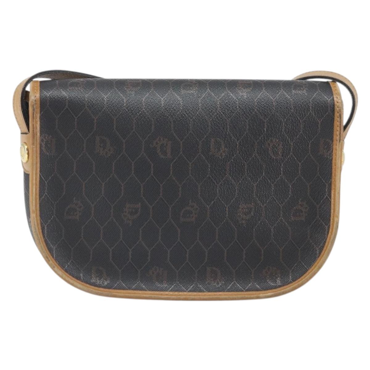 Christian Dior Honeycomb Canvas Shoulder Bag PVC Black Gold Auth BA10439