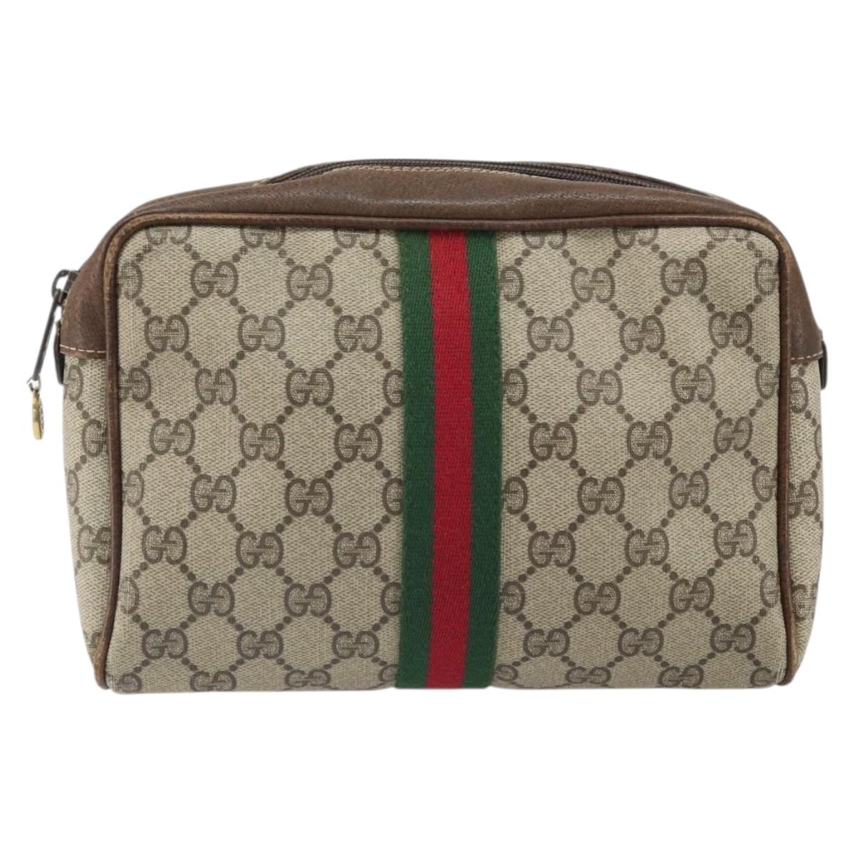 GUCCI GG Supreme Web Sherry Line Clutch Bag PVC Beige Gold Auth BA10450