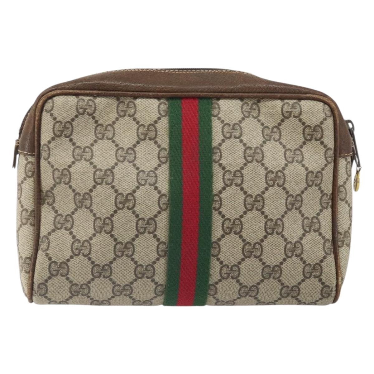 GUCCI GG Supreme Web Sherry Line Clutch Bag PVC Beige Gold Auth BA10450