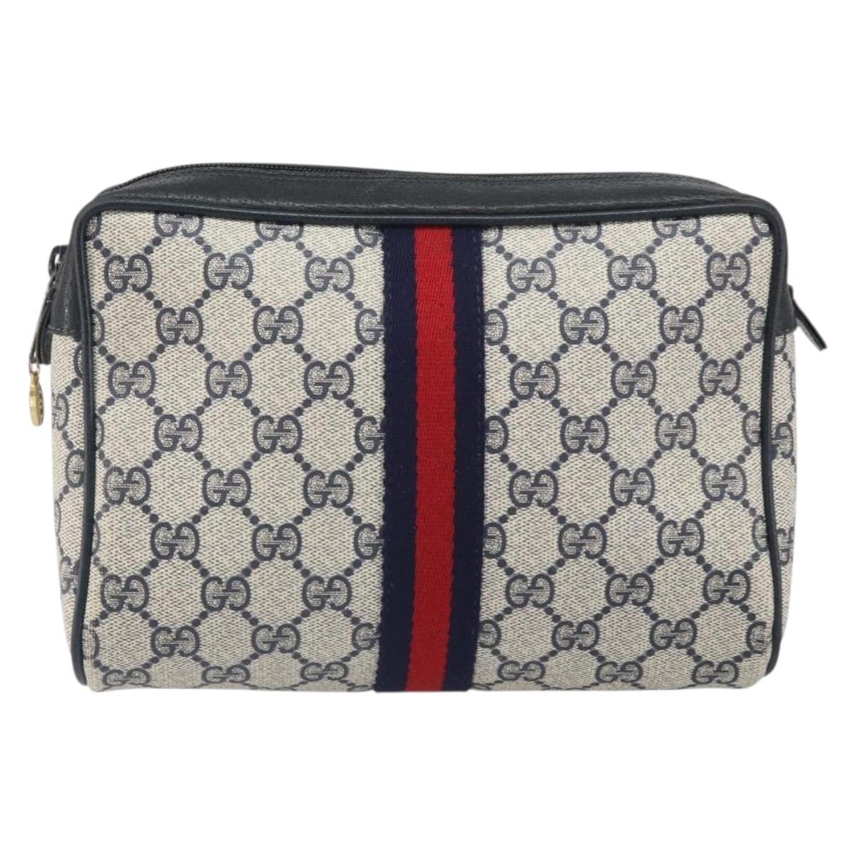 GUCCI GG Supreme Sherry Line Clutch Bag PVC Navy Gold 56 01 012 Auth BA10451