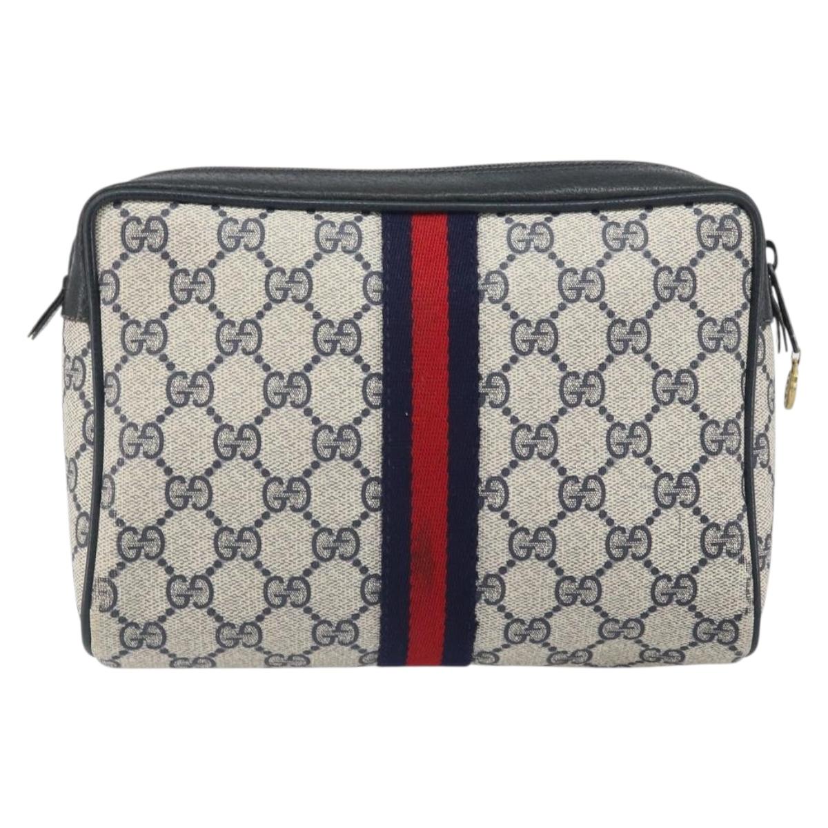 GUCCI GG Supreme Sherry Line Clutch Bag PVC Navy Gold 56 01 012 Auth BA10451