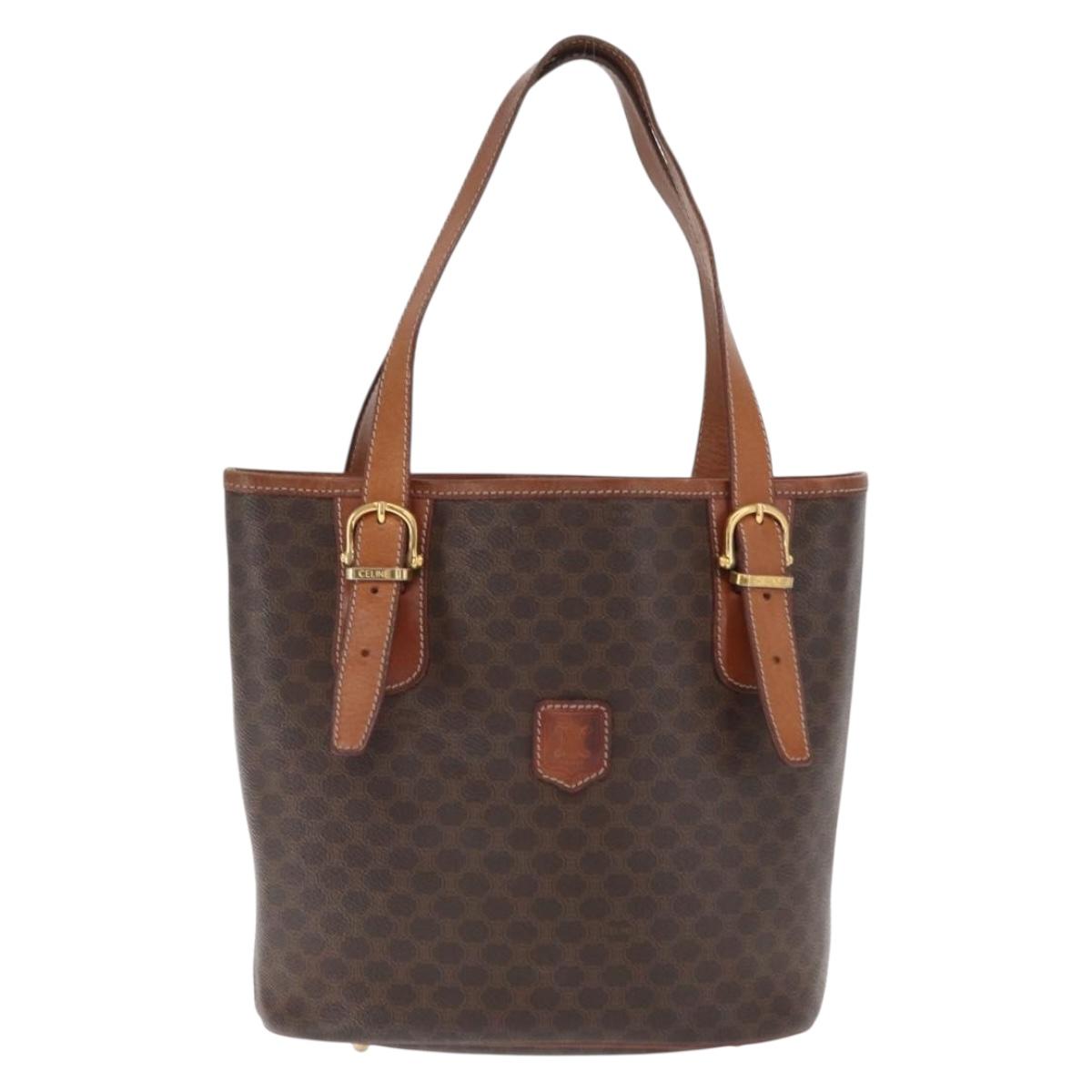 CELINE Macadam Canvas Tote Bag PVC Leather Brown Gold Auth BA10478