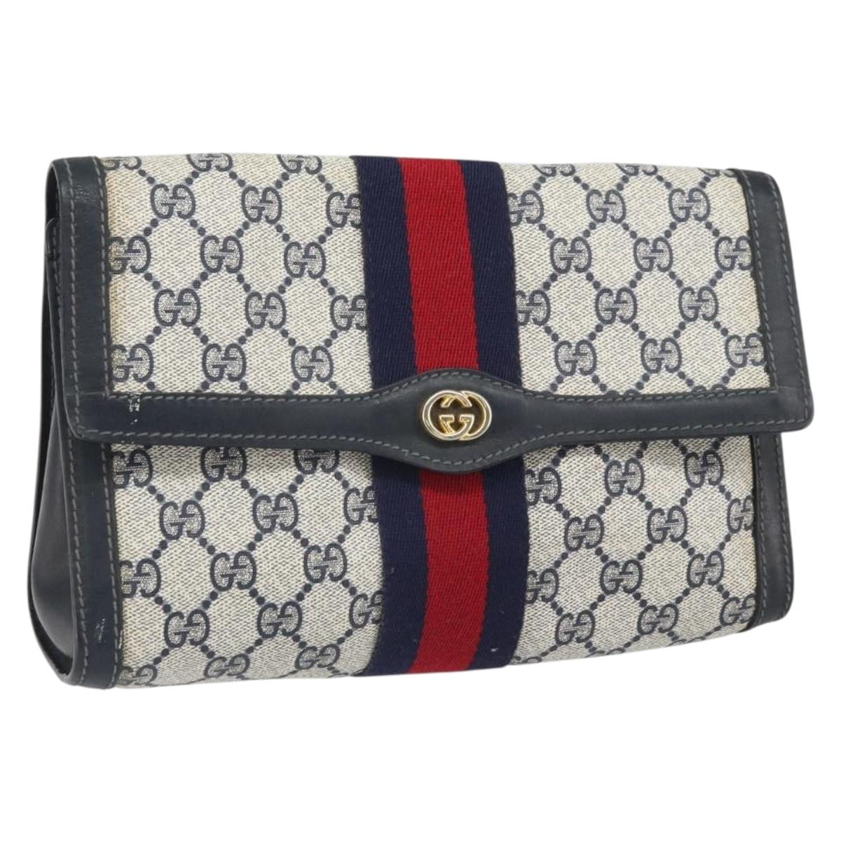 GUCCI GG Supreme Sherry Line Clutch Bag PVC Navy Gold 37 039 3087 Auth BA10494
