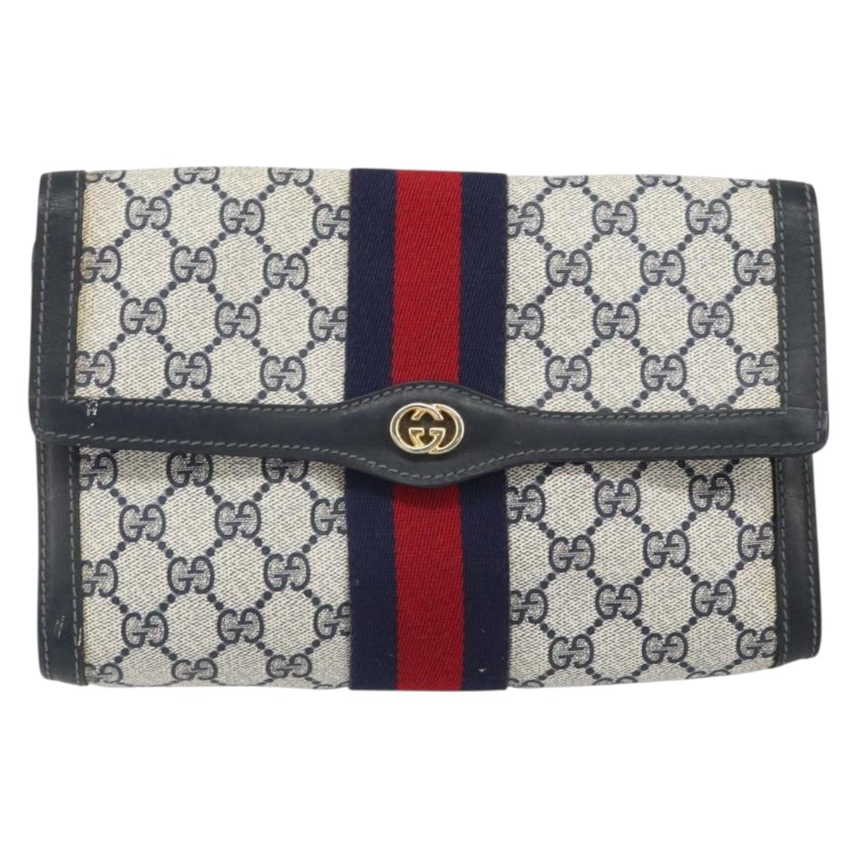 GUCCI GG Supreme Sherry Line Clutch Bag PVC Navy Gold 37 039 3087 Auth BA10494
