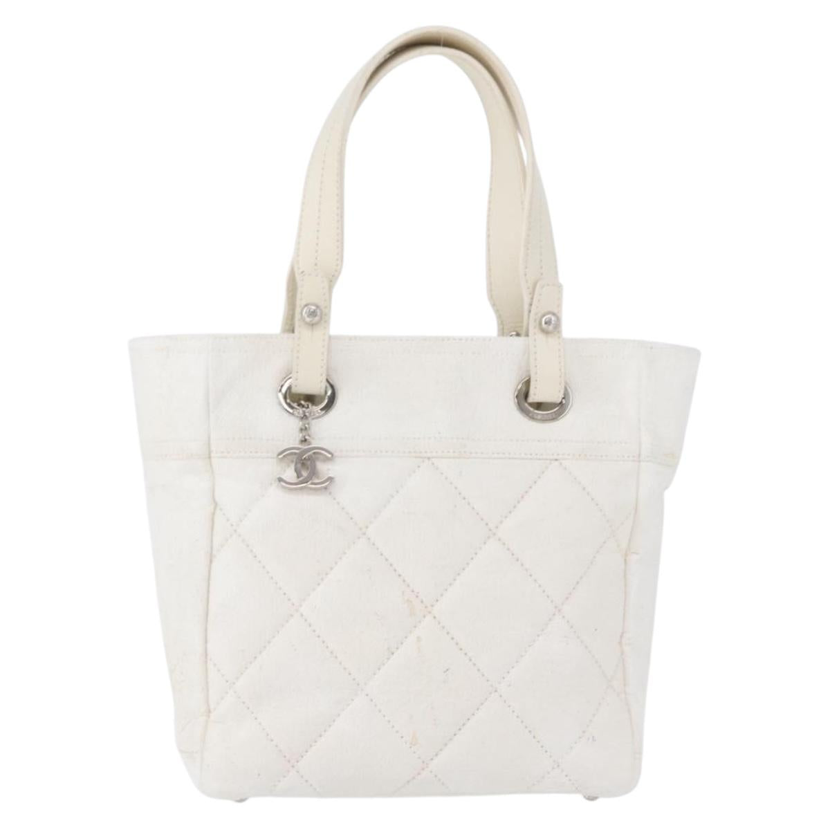 CHANEL Tote Bag Leather Silver White CC Auth BA10495