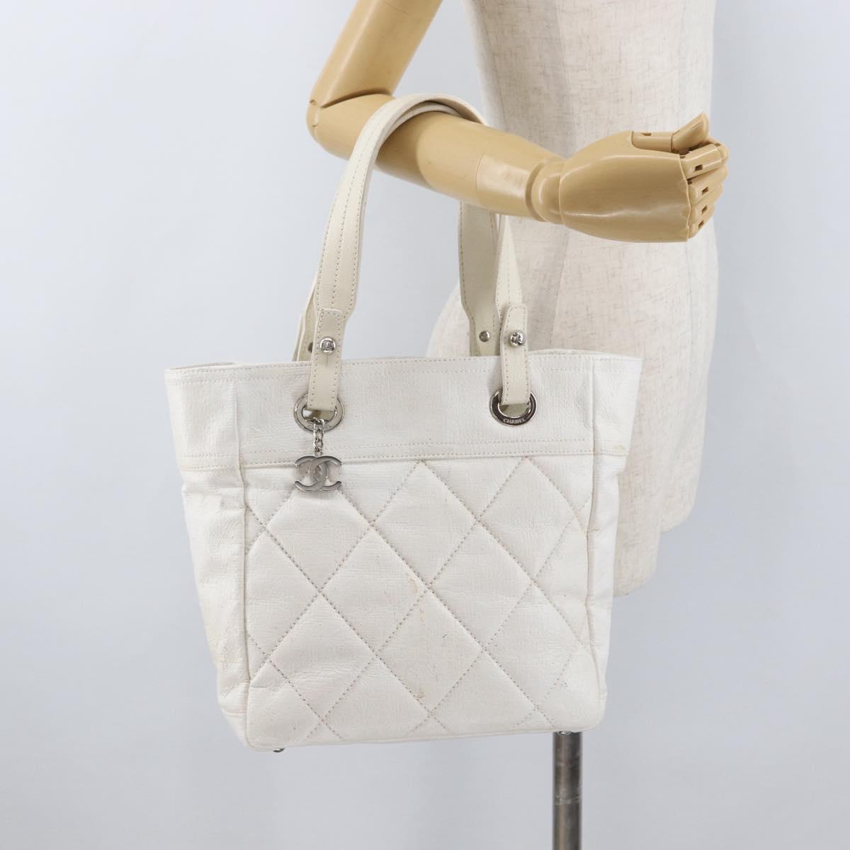 CHANEL Tote Bag Leather Silver White CC Auth BA10495