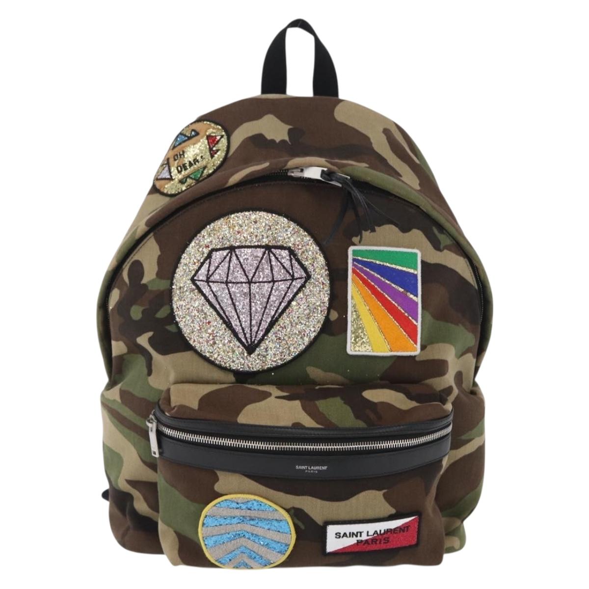 SAINT LAURENT Backpack Canvas Khaki Silver Camouflage Auth BA10497V