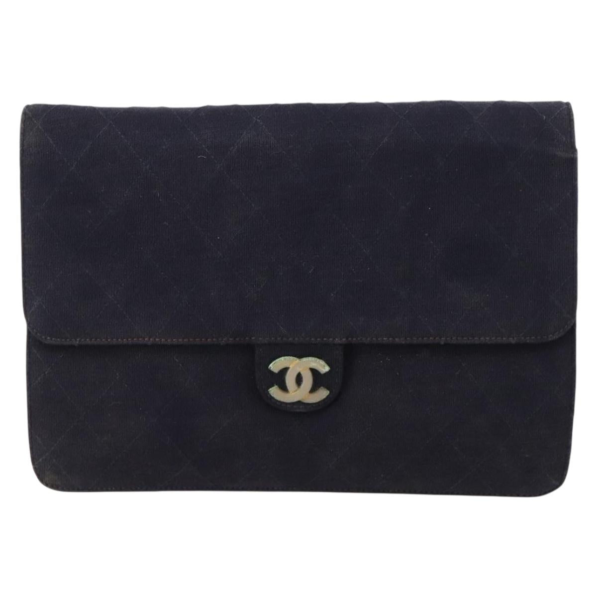 CHANEL Chain Matelasse Shoulder Bag Cotton Navy Gold CC Auth BA10498