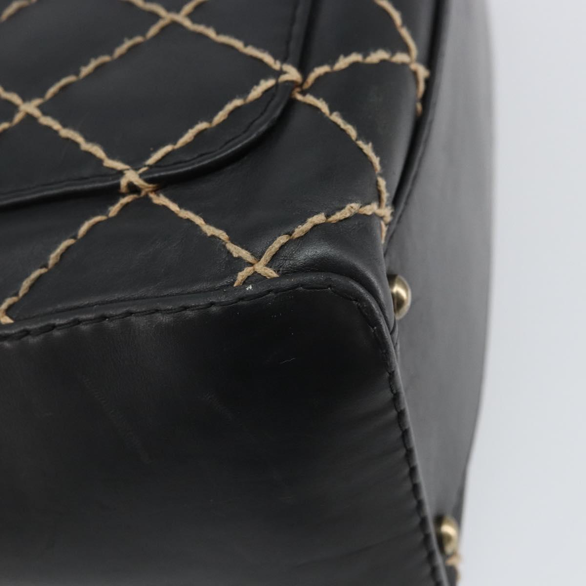CHANEL Wild Stitch Hand Bag Leather Black Gold CC Auth BA10500V