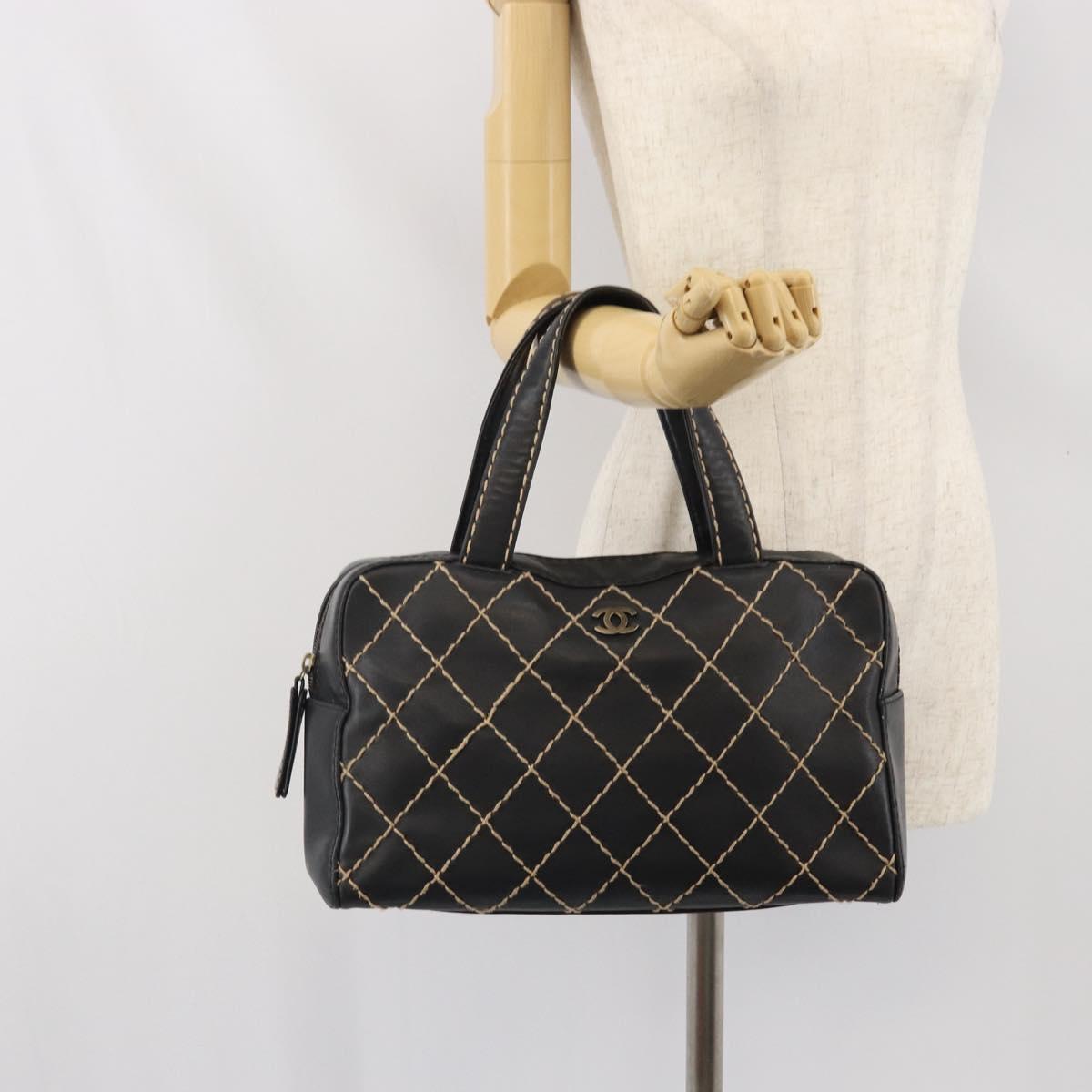 CHANEL Wild Stitch Hand Bag Leather Black Gold CC Auth BA10500V