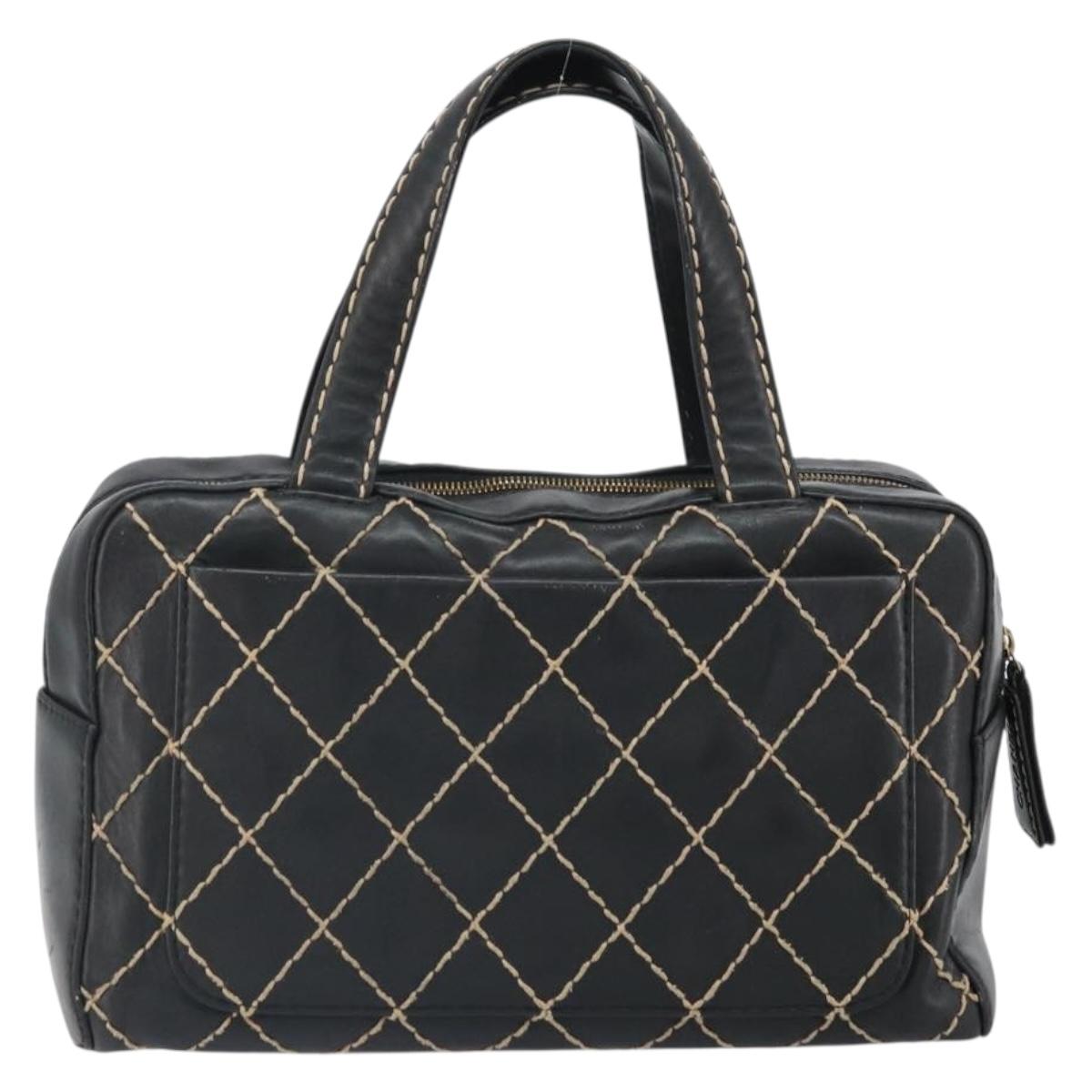 CHANEL Wild Stitch Hand Bag Leather Black Gold CC Auth BA10500V