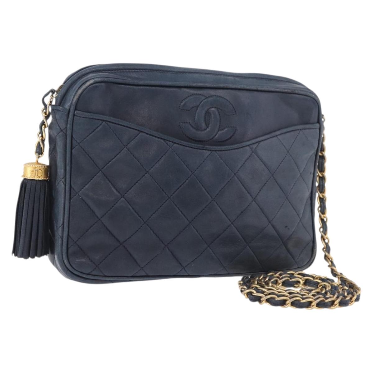 CHANEL Matelasse Chain Shoulder Bag Lamb Skin Navy Gold CC Auth BA10507
