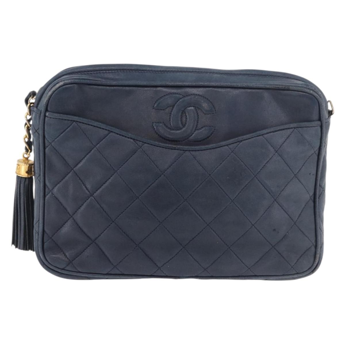 CHANEL Matelasse Chain Shoulder Bag Lamb Skin Navy Gold CC Auth BA10507