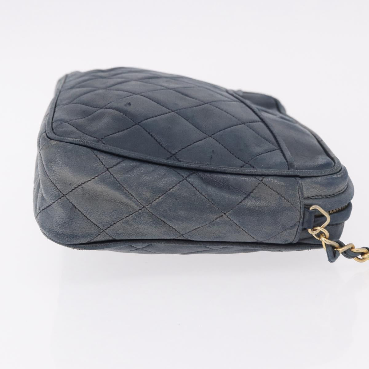 CHANEL Matelasse Chain Shoulder Bag Lamb Skin Navy Gold CC Auth BA10507