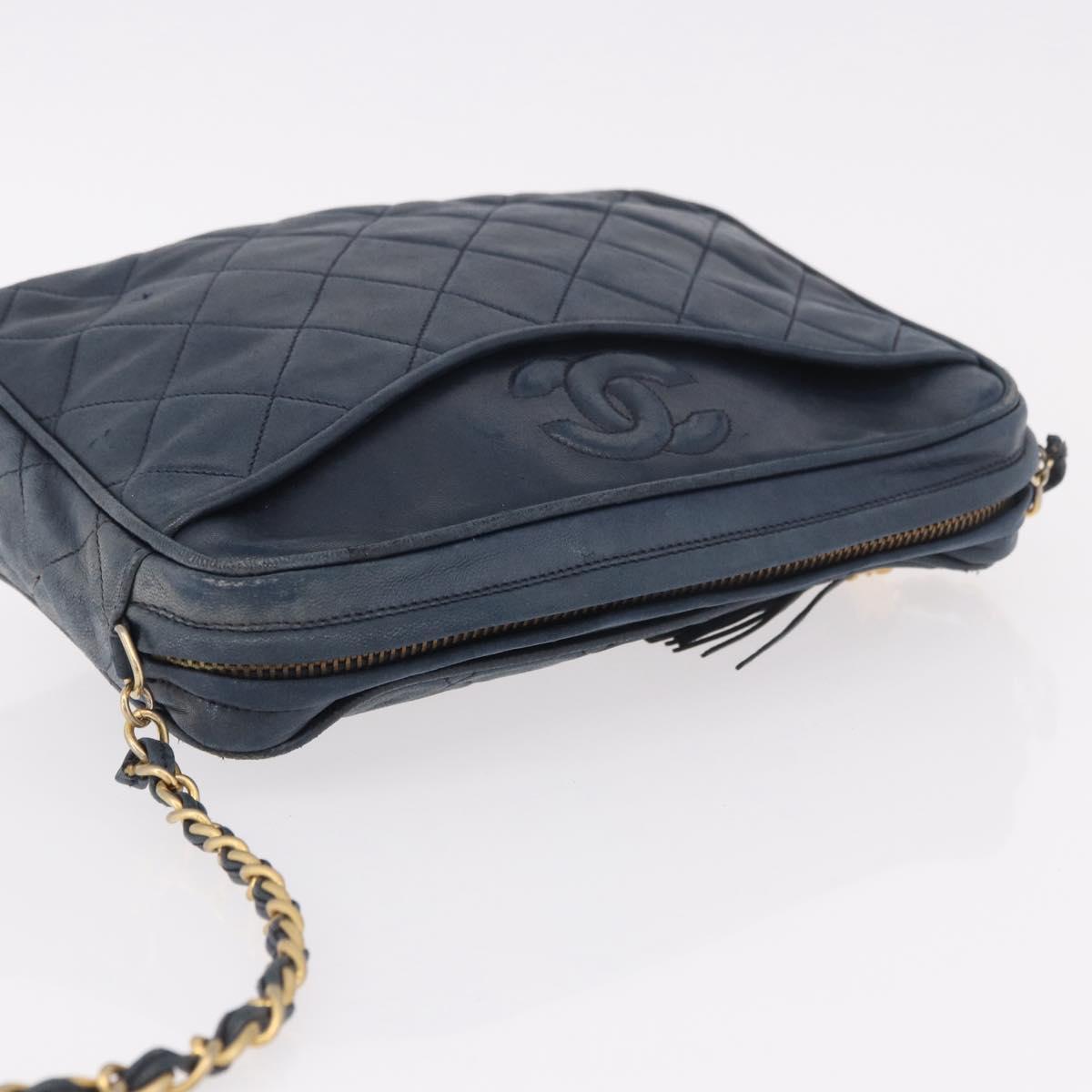 CHANEL Matelasse Chain Shoulder Bag Lamb Skin Navy Gold CC Auth BA10507