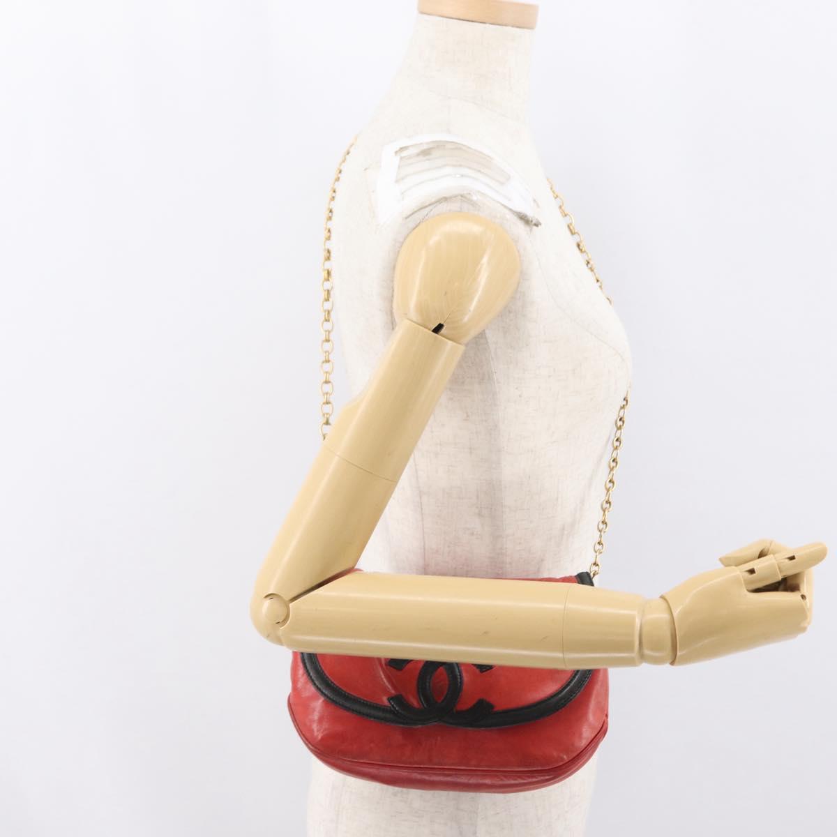 CHANEL Chain Shoulder Bag Lamb Skin Red Gold CC Auth BA10508
