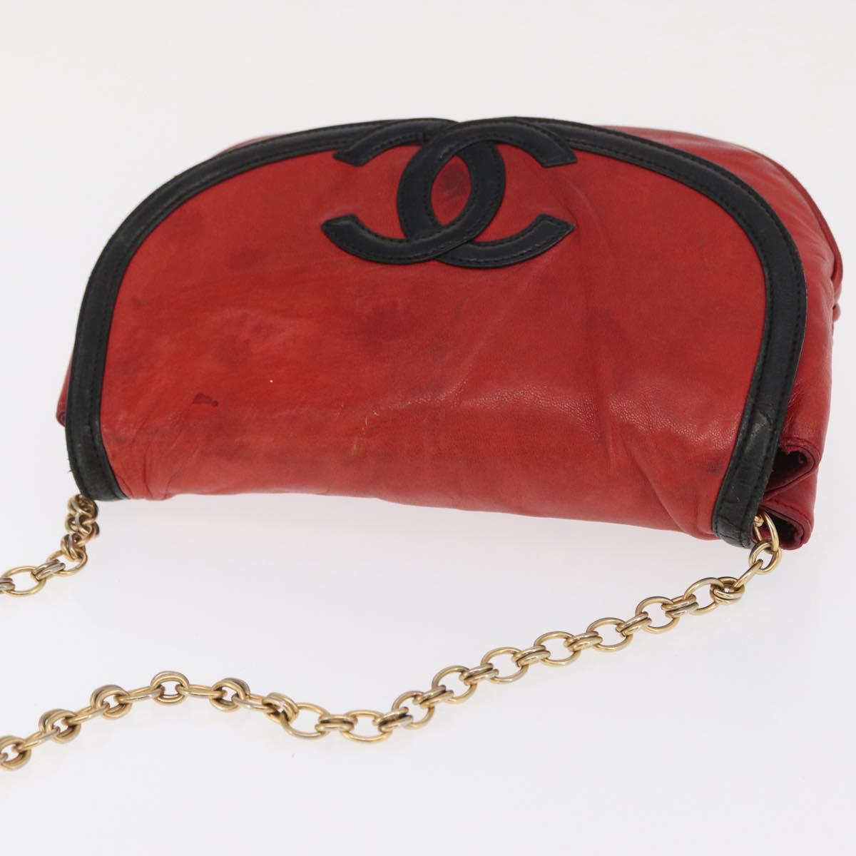 CHANEL Chain Shoulder Bag Lamb Skin Red Gold CC Auth BA10508