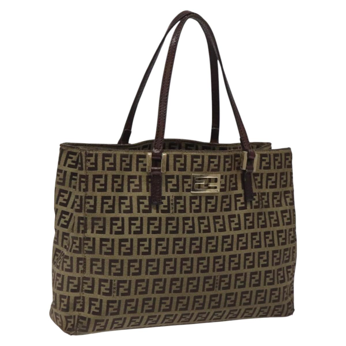 FENDI Zucchino Canvas Tote Bag Black Brown gold Auth BA1052