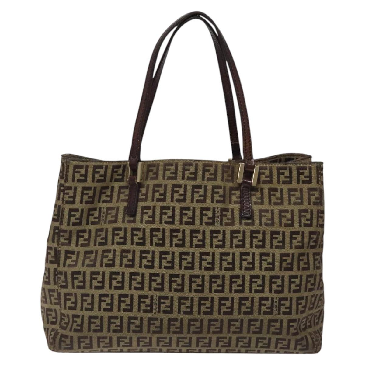FENDI Zucchino Canvas Tote Bag Black Brown gold Auth BA1052