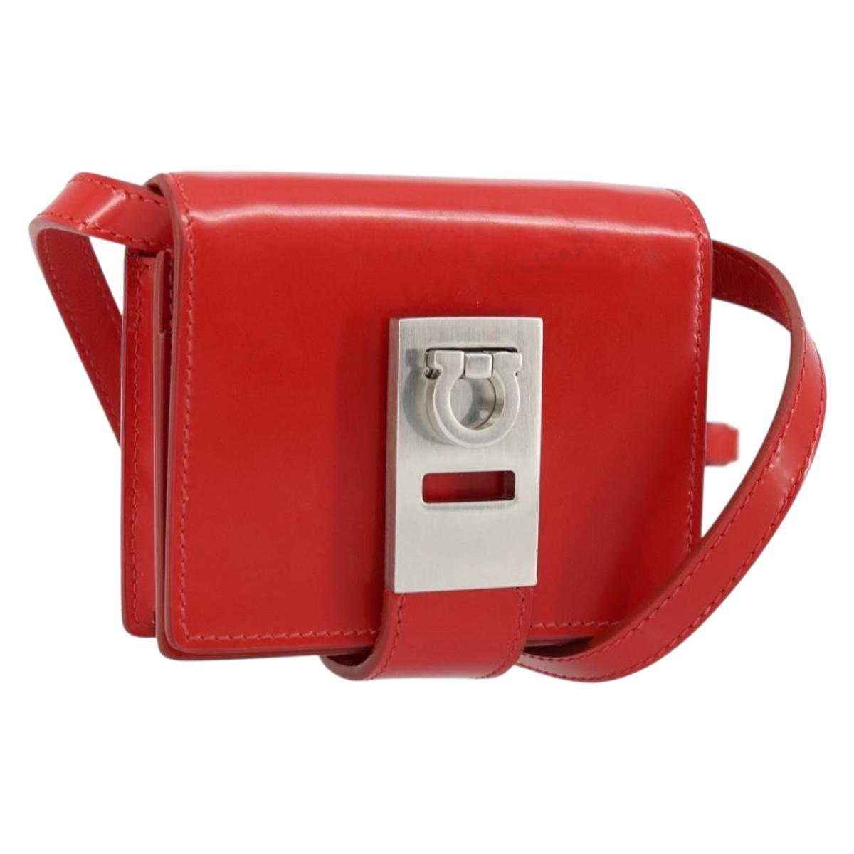 Salvatore Ferragamo Gancini Shoulder Bag Leather Red Silver Auth BA10529