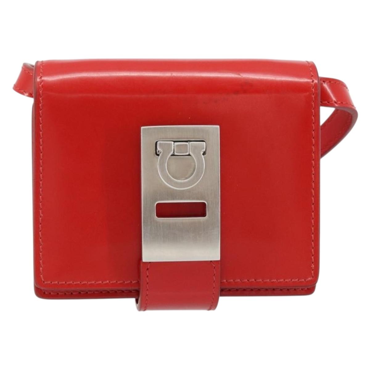 Salvatore Ferragamo Gancini Shoulder Bag Leather Red Silver Auth BA10529