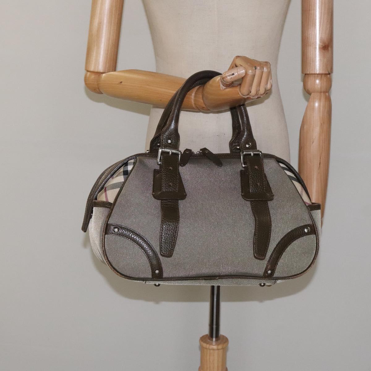 BURBERRY Nova Check Hand Bag Nylon Gray Silver Auth BA1053