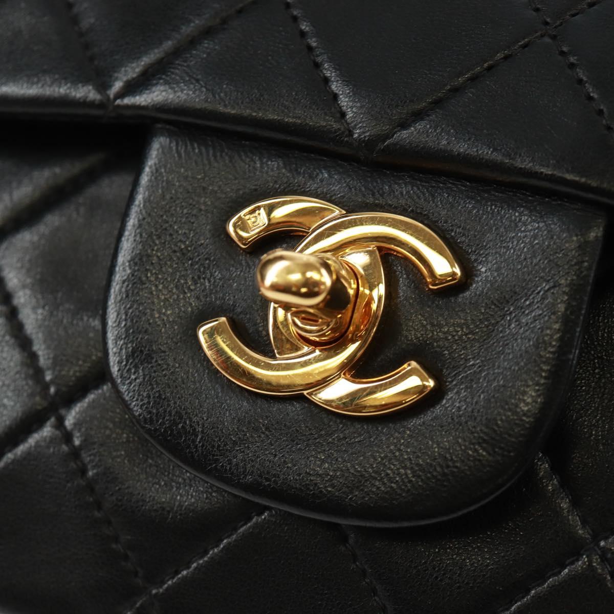 CHANEL Matelasse 25 Double Flap Chain Bag Lamb Skin Black Gold CC Auth BA10555SM