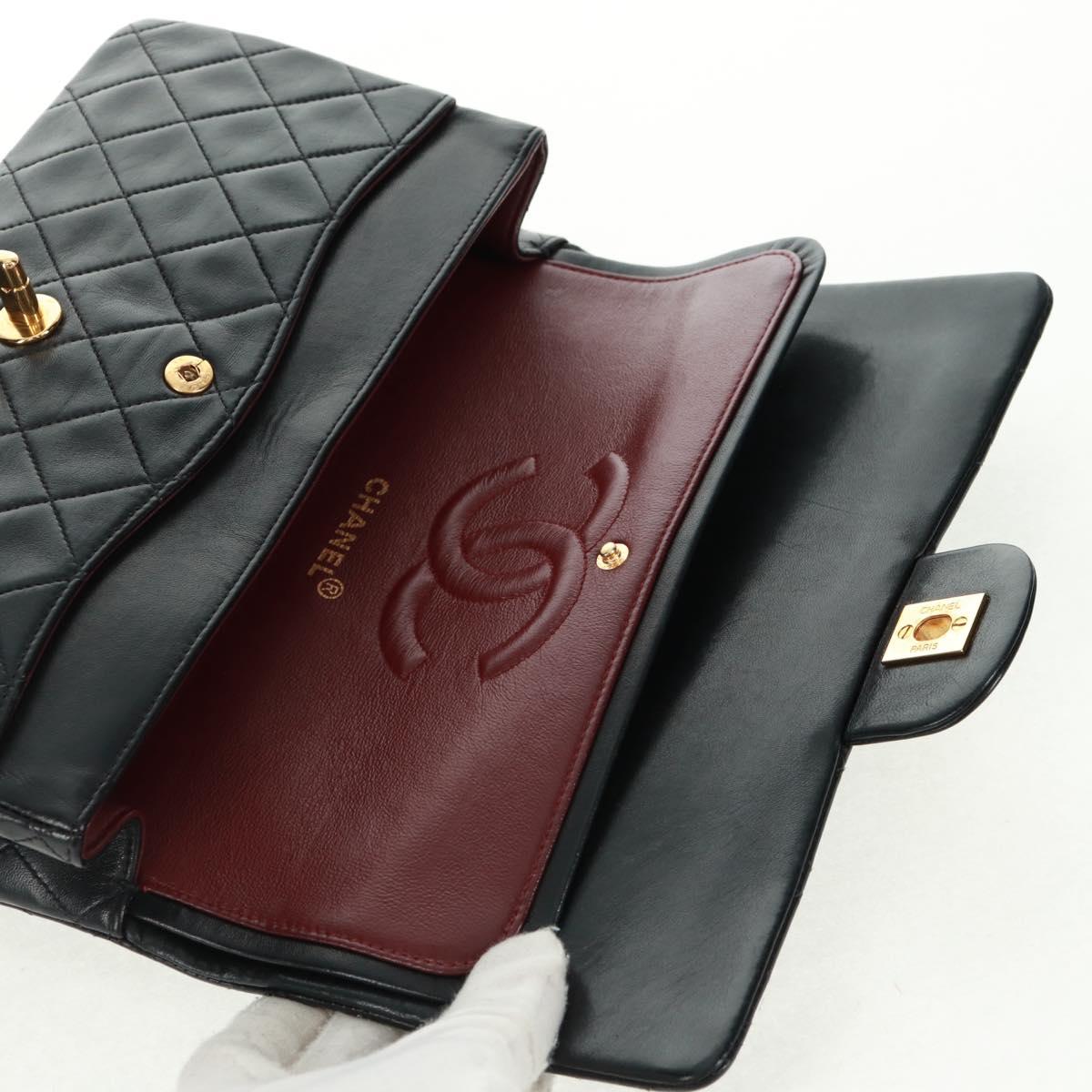 CHANEL Matelasse 25 Double Flap Chain Bag Lamb Skin Black Gold CC Auth BA10555SM
