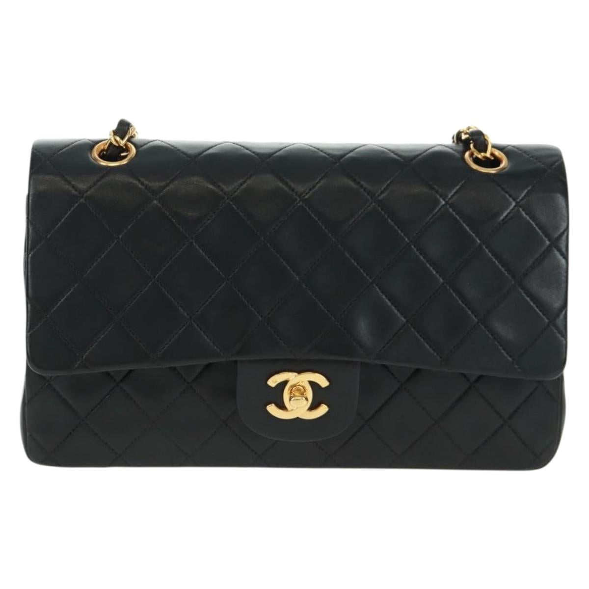 CHANEL Matelasse 25 Double Flap Chain Bag Lamb Skin Black Gold CC Auth BA10555SM