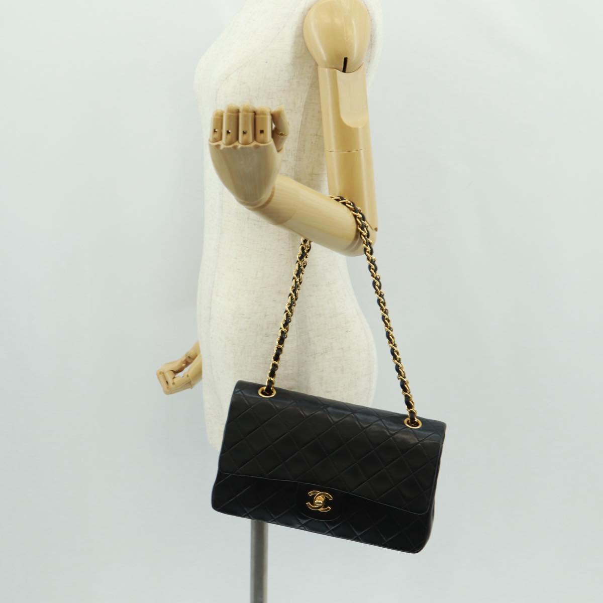 CHANEL Matelasse 25 Double Flap Chain Bag Lamb Skin Black Gold CC Auth BA10555SM