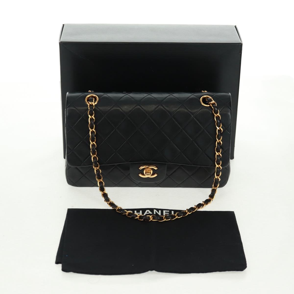 CHANEL Matelasse 25 Double Flap Chain Bag Lamb Skin Black Gold CC Auth BA10555SM