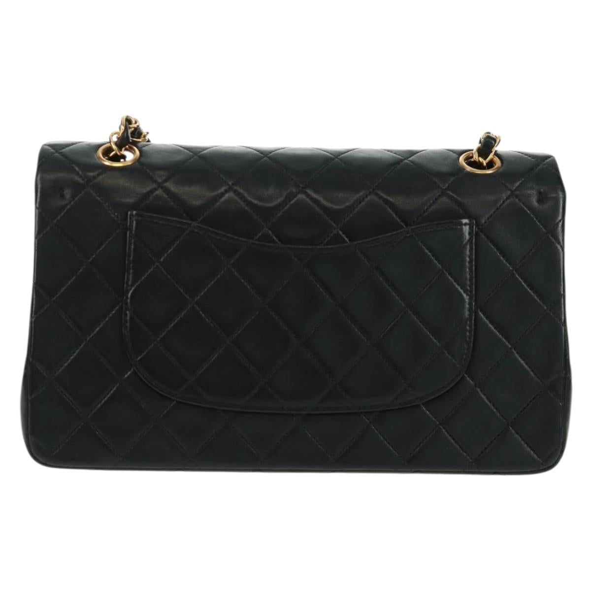 CHANEL Matelasse 25 Double Flap Chain Bag Lamb Skin Black Gold CC Auth BA10555SM