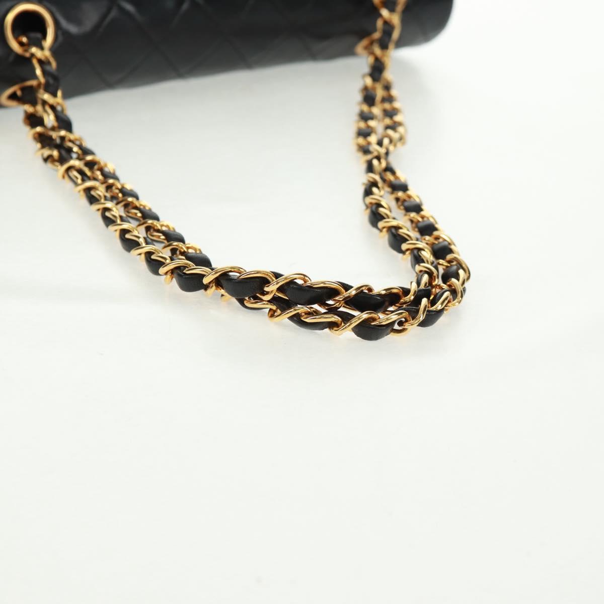 CHANEL Matelasse 25 Double Flap Chain Bag Lamb Skin Black Gold CC Auth BA10555SM