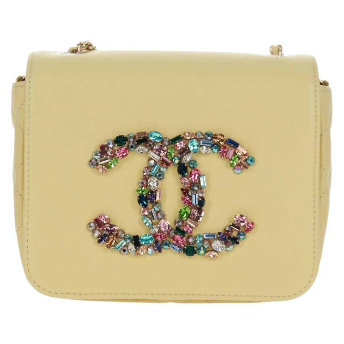 CHANEL Matelasse Chain Shoulder Bag Lamb Skin Yellow Gold CC Auth BA10556SM