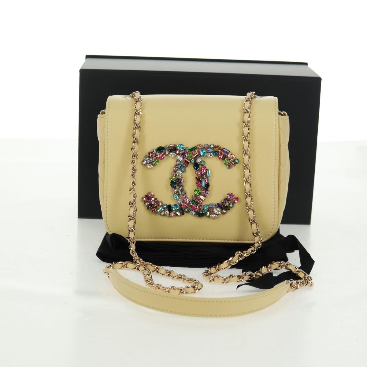 CHANEL Matelasse Chain Shoulder Bag Lamb Skin Yellow Gold CC Auth BA10556SM